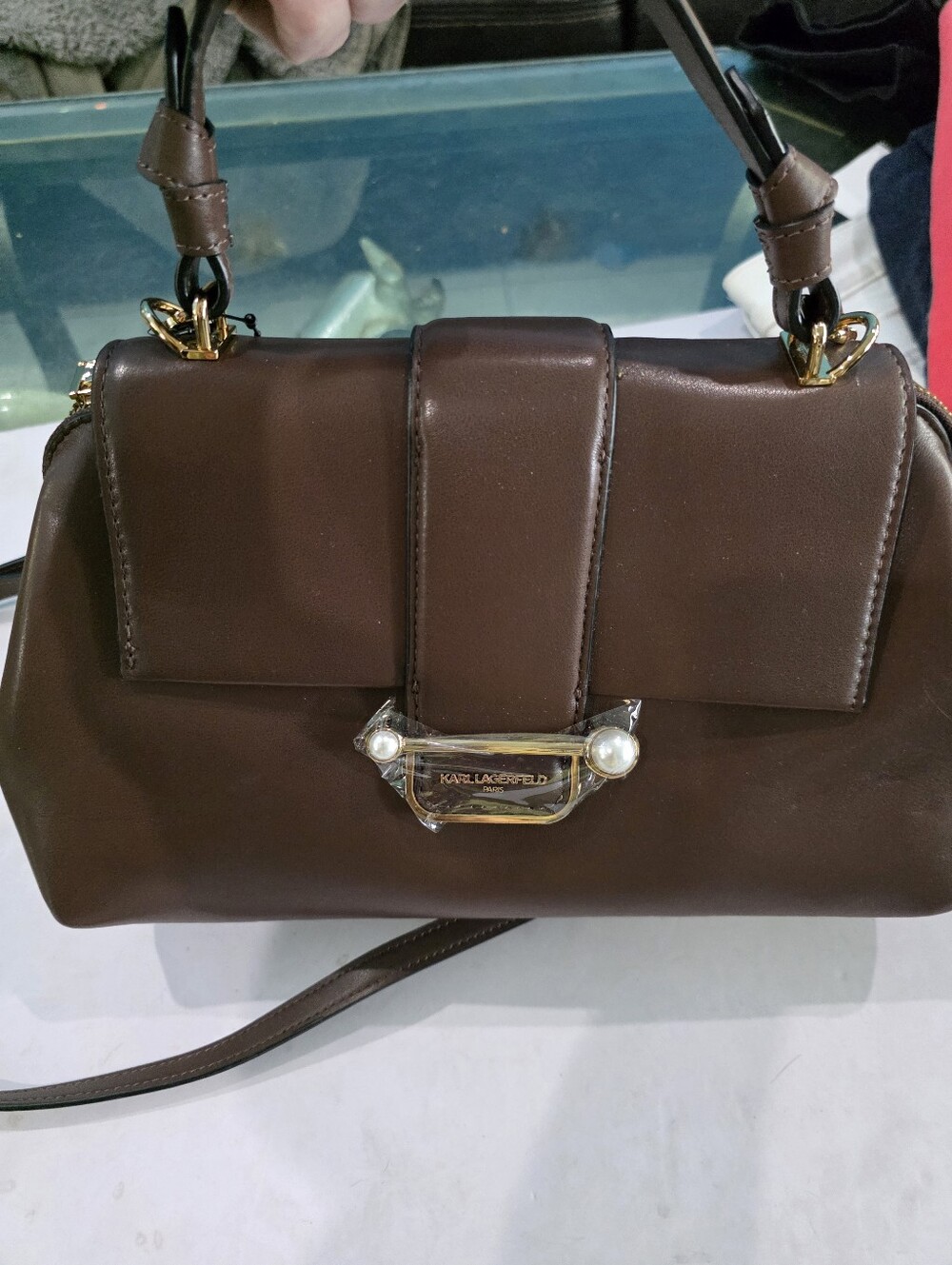 Nwt Karl Lagerfeld Chocolate Brown Leather Shoulder Bag with Pearl Accent